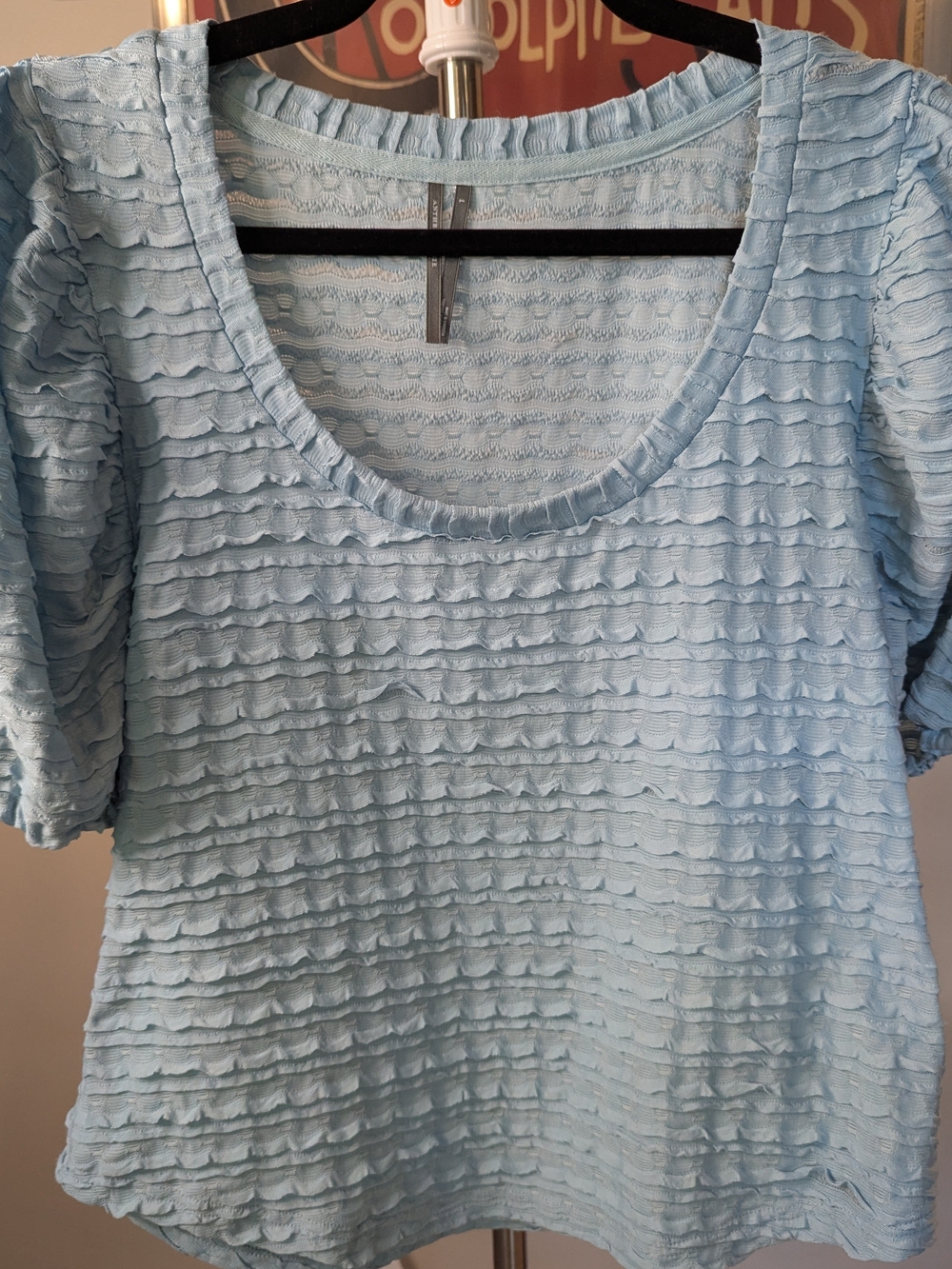 Anthropologie Size L Textured Ruffled Puff Sleeve Scoop Neck Top EUC Blue